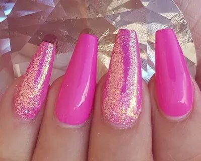 Hot pink acrylic sculpted nails with glitter Pink glitter na