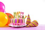 Happy Birthday on Cake, air balloons, cones (HD Wallpaper)- 