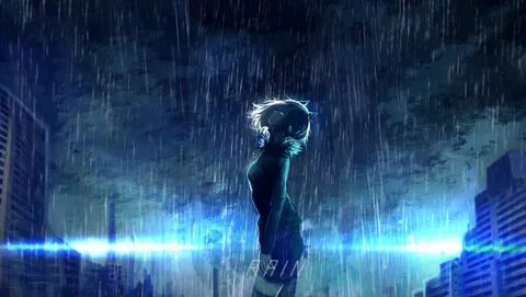 woman standing under the rain digital wallpaper anime girls 