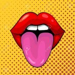 Red Female Lips And Tongue In Pop Art Style On A White Backg