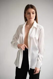 Women silk shirt in white stretch silk Cream silk blouse Lon