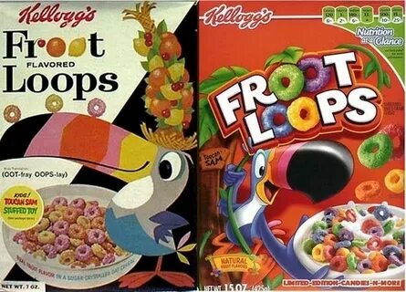 Kellogg's Fruit Loops 1963 and Now Cereal boxes packaging, A