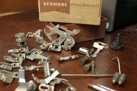 Lot of Vintage Kenmore Sewing Machine attachments & box Grei