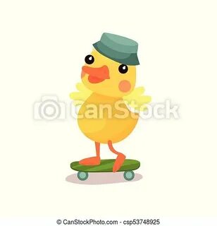 Cute little yellow duck chick character in grey hat riding o