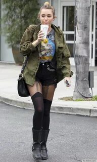Miley Cyrus stockings, boots, and starbucks Miley cyrus styl