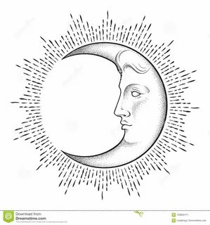 Crescent Moon with Face in Antique Style Hand Drawn Line Art