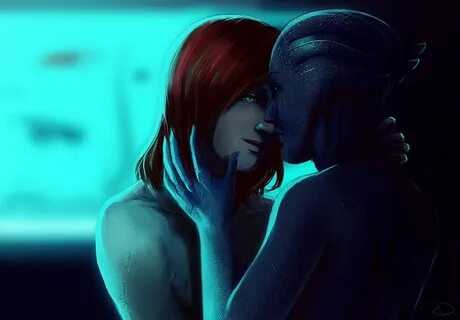 Шепард и Лиара обнимаются в каюте - Фан-арт Mass Effect 3