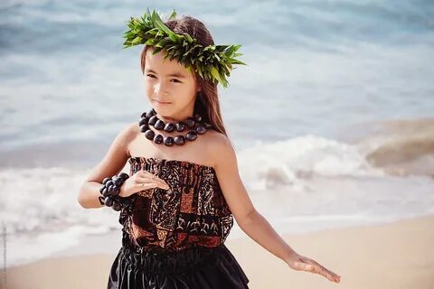 Young Girl Traditional Hawaiian Hula Dancer Performing On Th