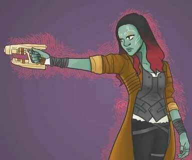 Gamora with Quill's blasters Guardians of the galaxy, Gamora