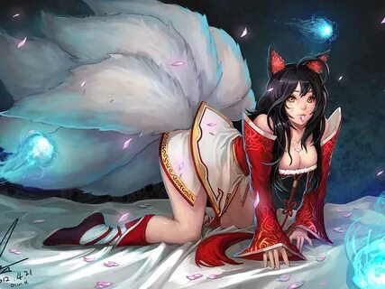 1600x1200 девушка, чёрные волосы, уши животного, ahri, Leagu