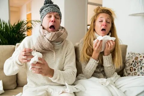 Sick couple catch cold. Man and woman sneezing, coughing, go