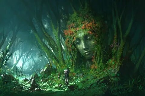 Fantasy landscape, Fantasy forest, Goddess statue