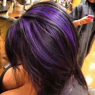 Kristins purple highlights black hair Hair highlights, Purpl