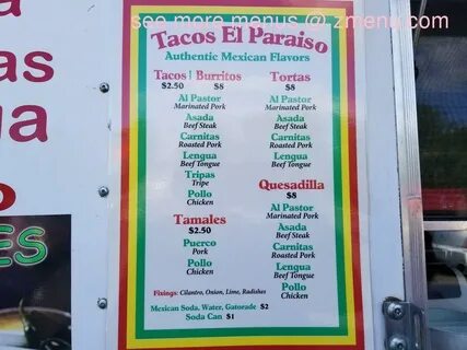 Menu at Tacos El Paraiso restaurant, New Hope, 36th Ave N