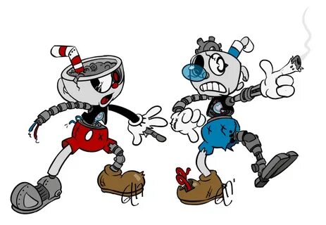 Cuphead and Mugman as animatronic versions of themselves in 