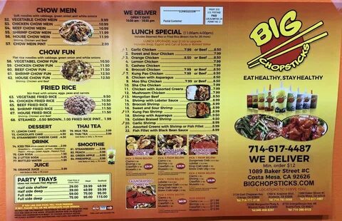 Big Chopsticks menu in Costa Mesa, California, USA