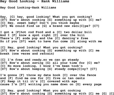 Song Hey Good Looking by Hank Williams, song lyric for vocal