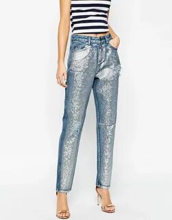 ASOS Original Rigid Mom Jeans with Metallic Coating with Ext