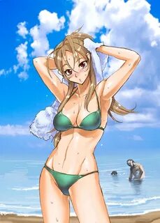 Safebooru - 1girl arms up bikini blush breasts brown eyes br