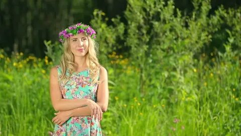 young beautiful woman flower wreath river Stock Footage Vide