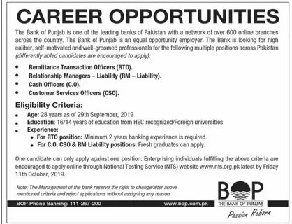 Bank of Punjab Jobs October 2019 - Rozigo.com - Rozigo Jobs