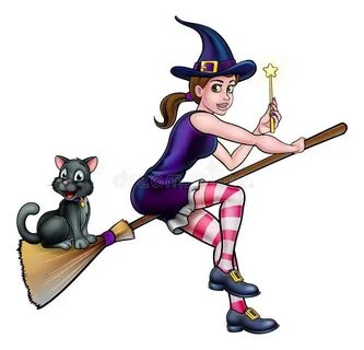 Cartoon Witch Cat Broomstick White Background Stock Illustra
