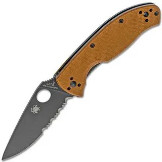 Spyderco Tenacious, Brown G10 Handle, Black Blade, Part Serr