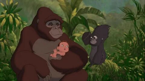 A shot from the cartoon "Tarzan" with a baby and two gorilla