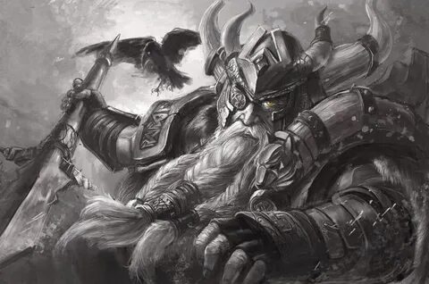 Allfather Odin with his spear Gungnir and one of his ravens 