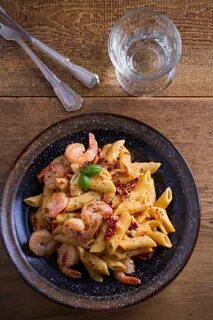 Shrimp Penne with Sun Dried Tomatoes and Basil in Creamy Moz