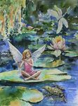 Watercolor on fairy story. Forest fairy on a Lily pad, pond,