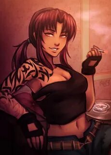 Safebooru - 1girl black lagoon breasts brown hair cigarette 