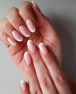 Natural French tip acrylic nails, oval shaped French tip acr