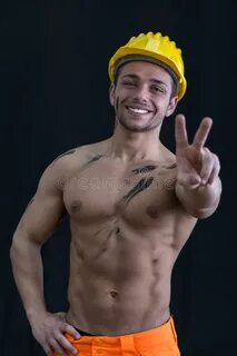 Handsome Muscular Construction Worker Smiling Shirtless Whit