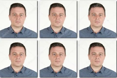 Passport picture of a serious man in a blue shirt - 6 pictur