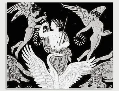 Aphrodite riding a swan whilst being given wreaths of Myrtle