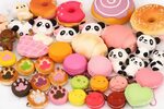 cute squishies: Rilakkuma squishy, panda squishy, donut squi