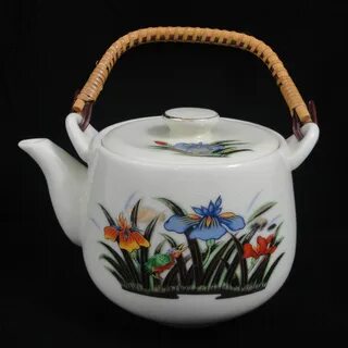 Stoneware Teapot Wicker Handle Japan Gray Green Leaves Brown