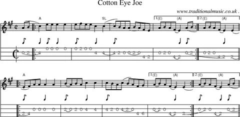 Music Score and Mandolin Tabs for Cotton Eye Joe Cotton eyed