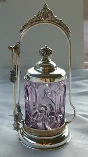 Silverplate Pickle Castor Amethyst Glass with Tongs Vintage 