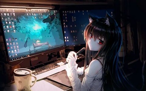 Download 2880x1800 Anime Cat Girl, Room, Computer, Animal Ea