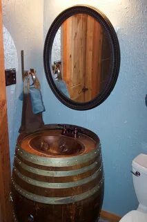 Whiskey Barrel Sink, cute idea for a guest bath! Wine barrel