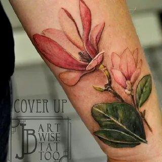 Realistic Colored Magnolia Flower Tattoo. This realistic mag