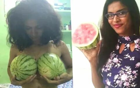 Woman breaks watermelon with boobs