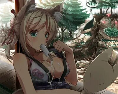 animal ears, fox girl, Yukikaze Panettone, anime, cleavage, 