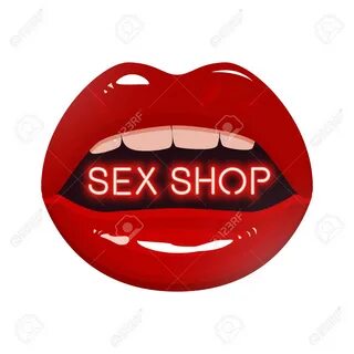 Sex Shop Logo Neon Text Red Lipstick Mouth. Vector Illustrat