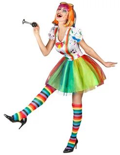 Kostüm Clown für Damen in Regenbogenfarben bunt , günstige F