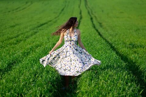 Download wallpaper field, summer, girl, hair, dress, section girls in resol...