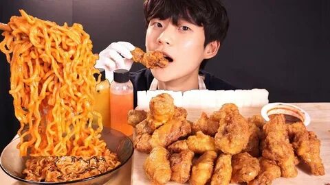 SUB) 불닭볶음면 교촌 허니콤보 치킨 먹방 ASMR 리얼사운드 SPICY FIRE NOODLE + CHICKEN HONEY COMBO MUKB