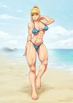 Safebooru - 1girl abs barefoot beach bikini blonde hair brea